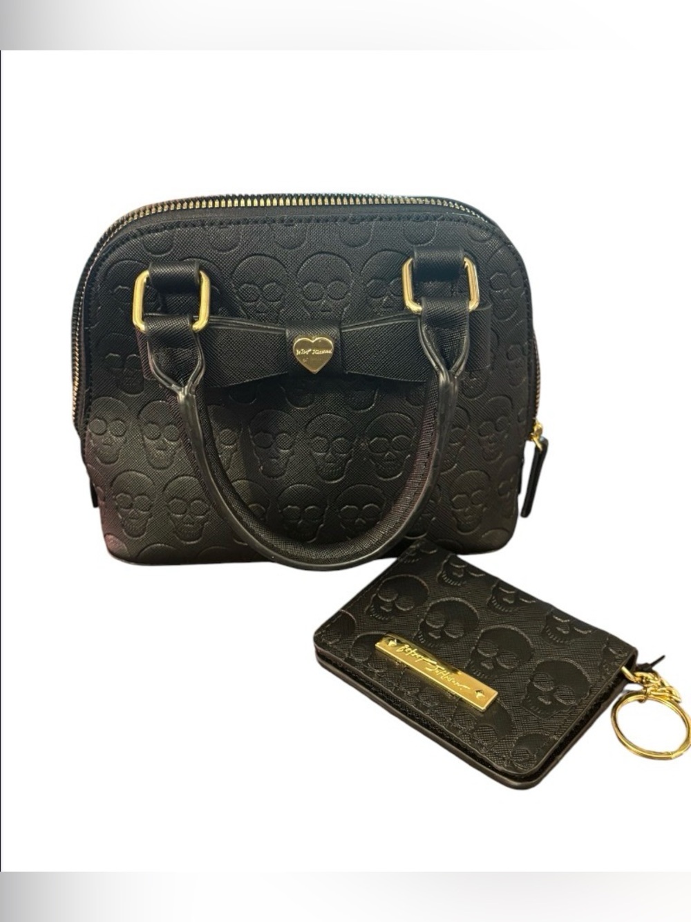 Betsey Johnson Skull Embossed Mini Satchel Crossbody with Credit Card Holder